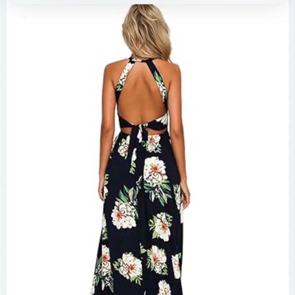 ⭐️Fflmyuhuliu Blue Floral Back Tie Square Neck Sleeveless Maxi Dress⭐️